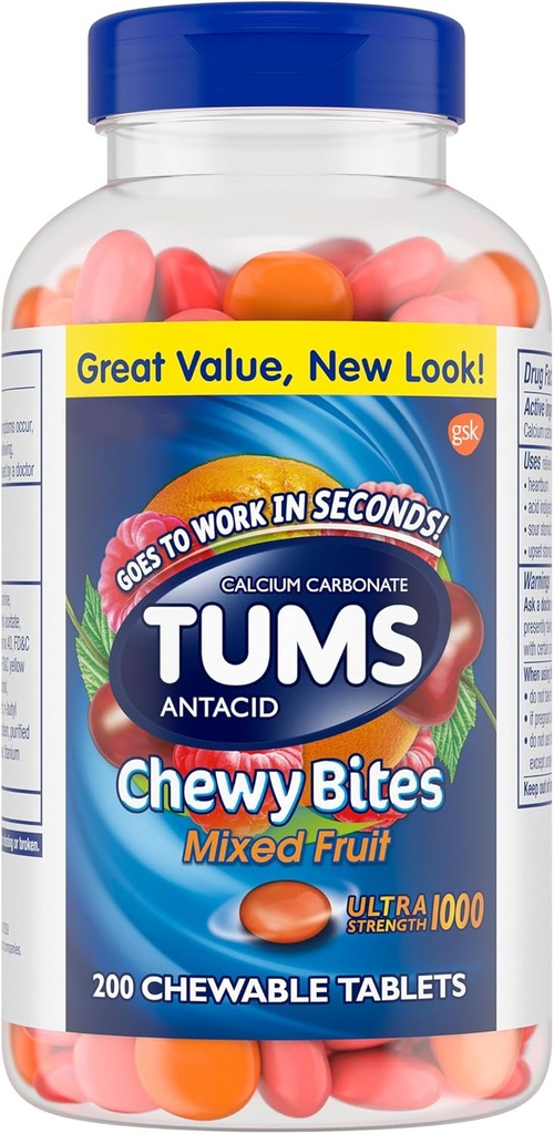 TUMS Chewy Bites Chewable Antacida tabletter til Ultra Strength Heartburn Relief, Great for en sommer BBQ - blandet frugt - 200 Greve