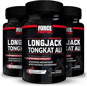 Kraftfaktor Longjack Tongkat Ali 500 mg til mænd, Longjack Tongkat Extract til støtte Mand Vitality & Forbedre drev, Kapsler med BioPerine Black Pepper Extract, 30 Greve (Pack of 3)