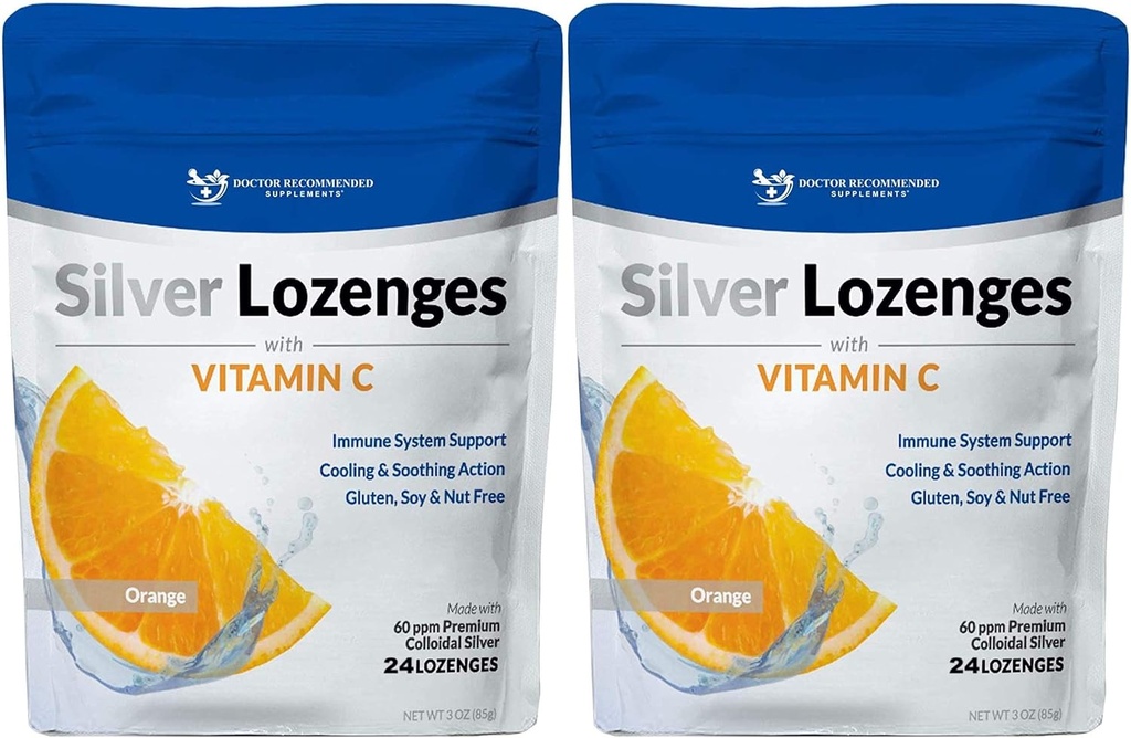 Silver Lozenges with Vitamin C - Premium Nano Silver 60 PPM Colloidal Silver, Organic Honey and Vitamin C Mineral Supplement Drops to Support Immune System, Soothe Cough & Throat - Pack of 2