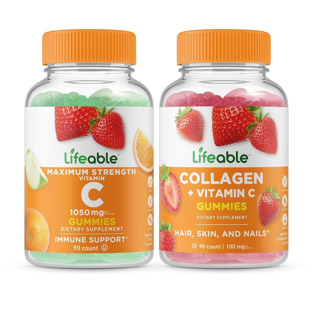 Lifeable Vitamin C 1050mg + Collagen & C-vitamin, Gummies Bundle - Great Tasting, Vitamin Supplement, Gluten Free, GMO fri, Chewable Gummy