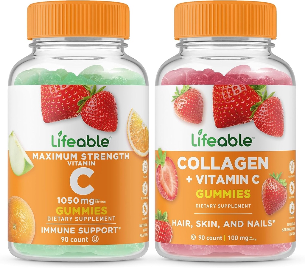 Lifeable Vitamin C 1050mg + Collagen & Vitamin C, Gummies Bundle - Great Tasting, Vitamin Supplement, Gluten Free, GMO Free, Chewable Gummy