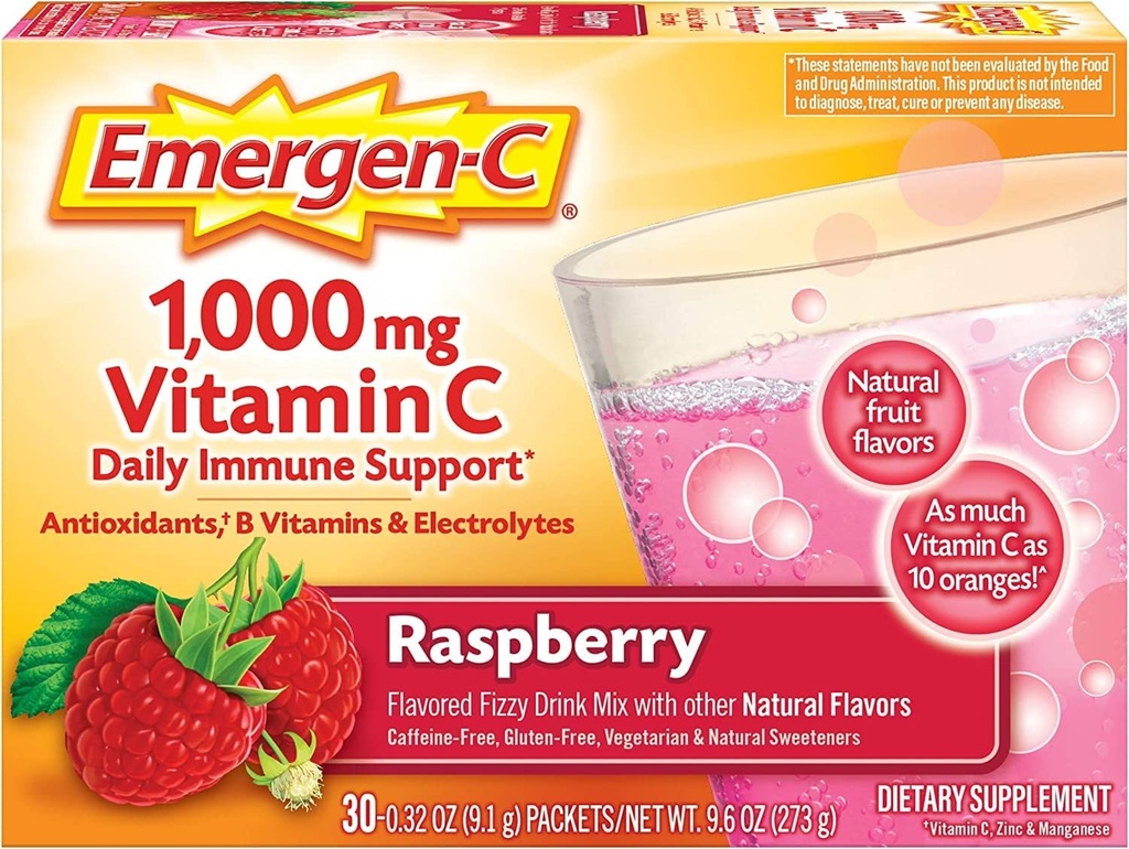 Alacer Emergen- C Vitamin C Fizzy Drink Mix Hindbær - 1000 Mg - 30 Pakninger