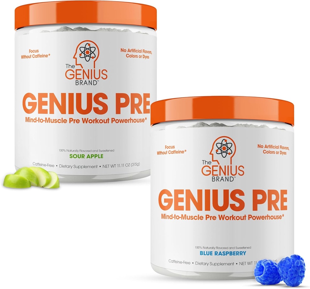 Genius Pre- Workout Supplement Bundle - Blå Hindbær & Sour Apple - Kaffe- Gratis / Stimulant- Gratis