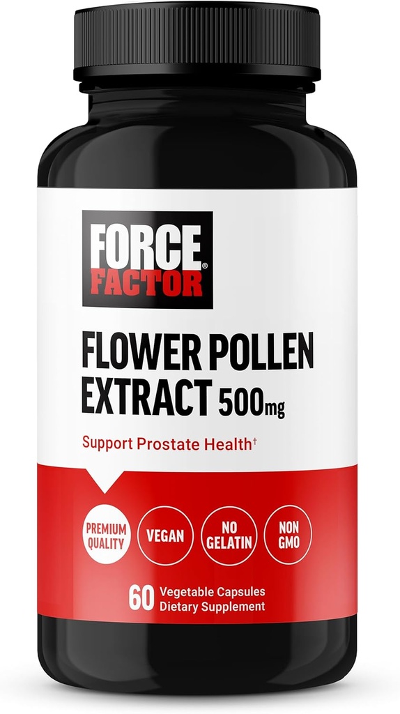 FORCE FACTOR Flower Pollen Prostata Support for mænds sundhed, Prostata Health Supplement, 500mg Flower Pollen Kapsler, Vegan, No Gelatine, Non- GMO, 60 Kapsler