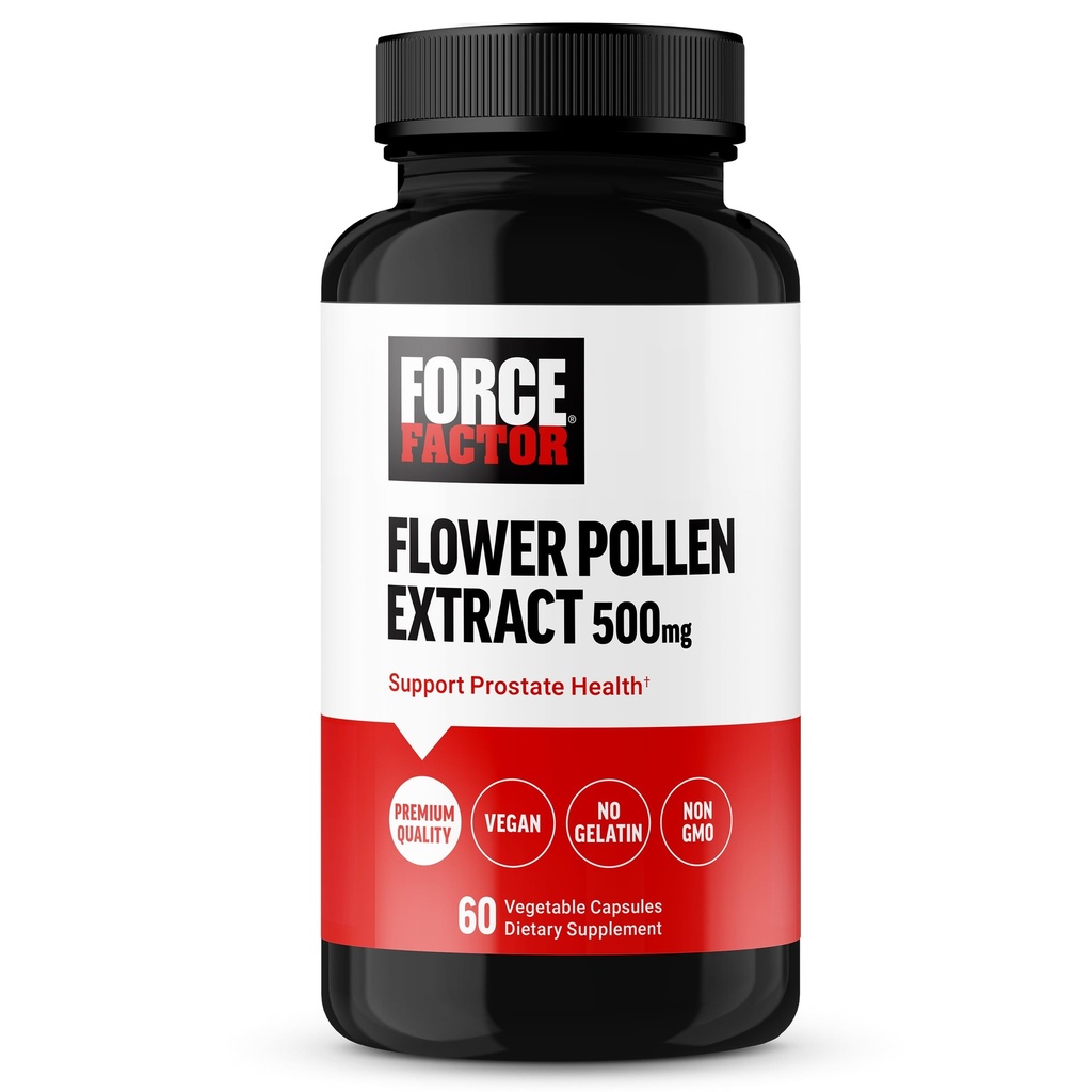 FORCE FACTOR Flower Pollen Prostata Support for mænds sundhed, Prostata Health Supplement, 500mg Flower Pollen Kapsler, Vegan, No Gelatine, Non- GMO, 60 Kapsler