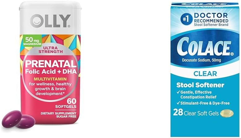 OLLY Ultra Strength Prenatal Multivitamin Softgel med Brain Development Support + Colace Clear Staol Blødgøringsmidler Kapsler, 28 Greve