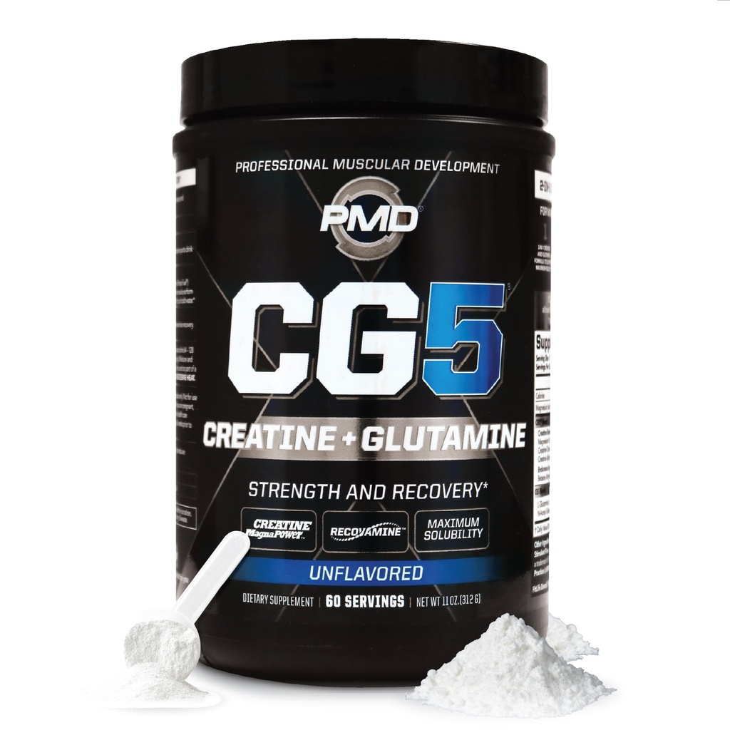 PMD Sports CG5 Premium Creatin & L Glutamin Powder, Power Recovery, Build Lean Muscle, øge workout ydeevne, maksimal styrke før træning & indlæg workout, Unflavored, 60 Serveringer
