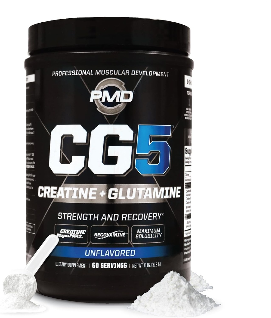 PMD Sports CG5 Premium Creatine & L Glutamine Powder, Power Recovery, Build Lean Muscle, Increase Workout Performance, Maximum Strength Pre Workout & Post Workout, Unflavored, 60 Servings