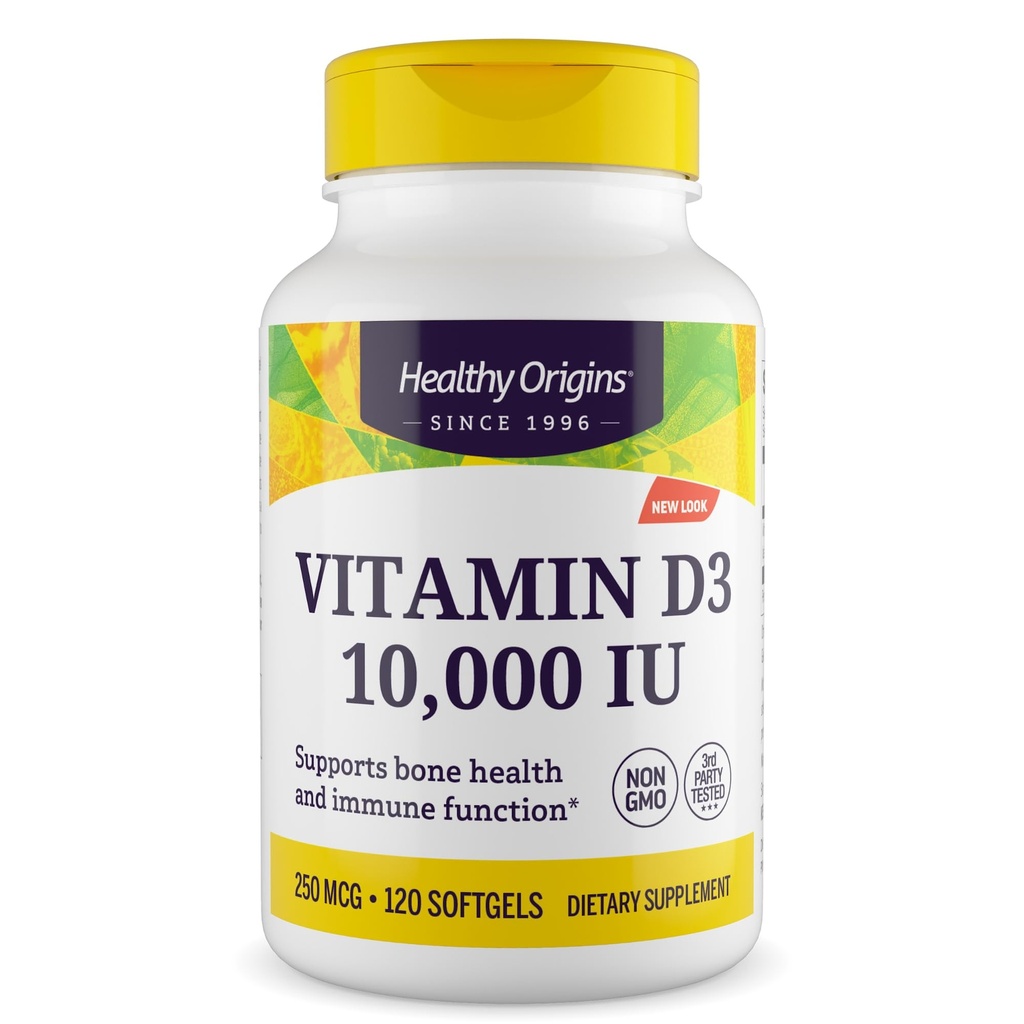 Sund oprindelse D3 10. 000 IE vitamin (ikke- GMO, høj potens, benstøtte, immunforsvar, gluten fri), 120 Softgels