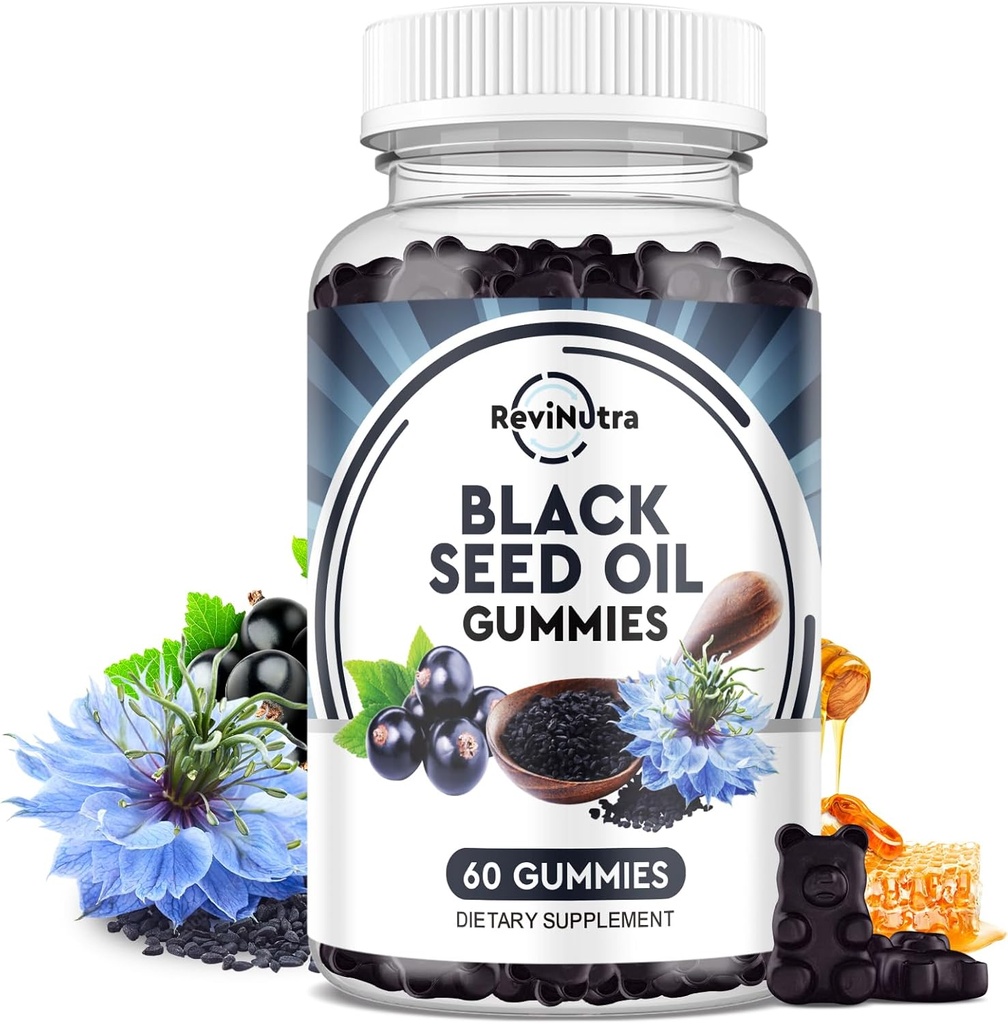Black Seed Oil Gummies- Organic Cold Pressed Nigella Sativa Black Seed Oil med honning, B6-vitamin, C, D3, gurkemeje, Pomegranat, Support Immunity, fordøjelse, hjerne funktion, hår & skin- 60 Gummies