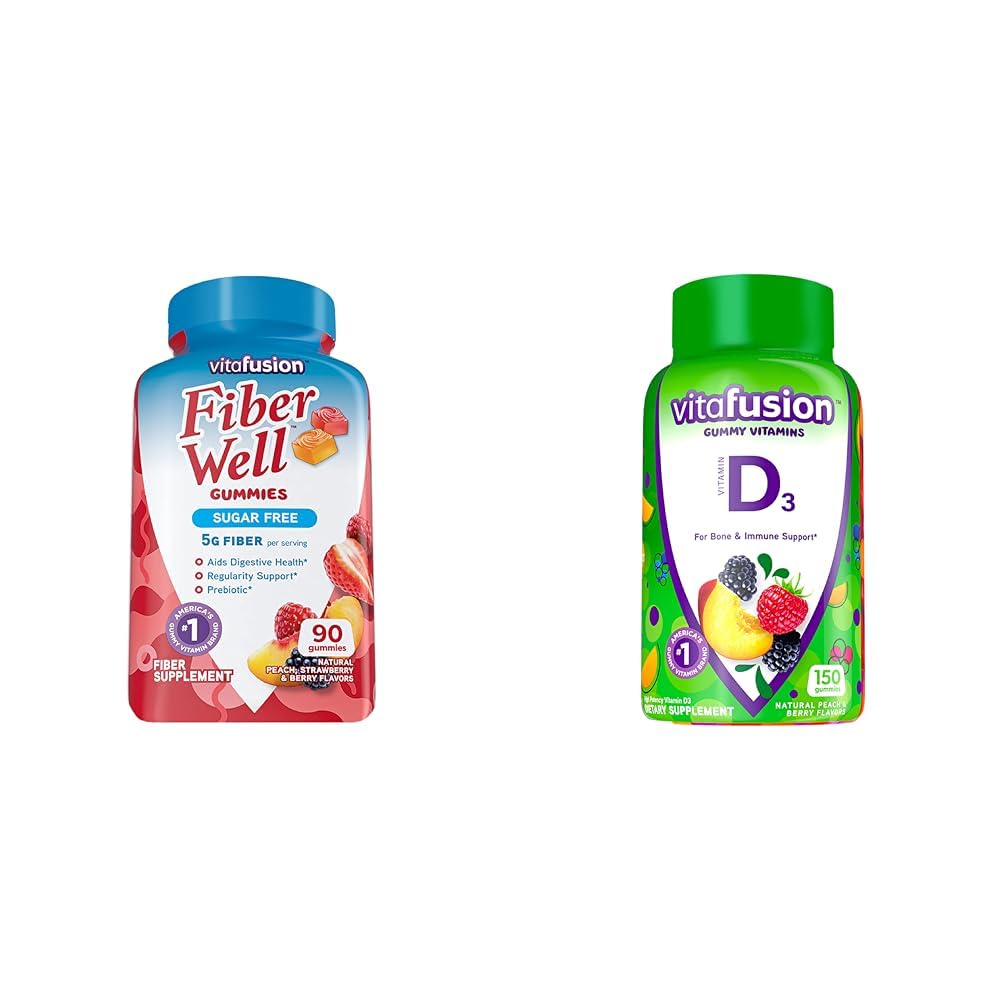 Viafusion Fiber Godt Sukker Free Fiber Supplement & Vitamin D3 Gummy Vitaminer til ben og immunsystemet Support, Peach, Blackberry og Strawberry Flavored, 50 mcg D-vitamin, 75 Day Supply, 150 Count