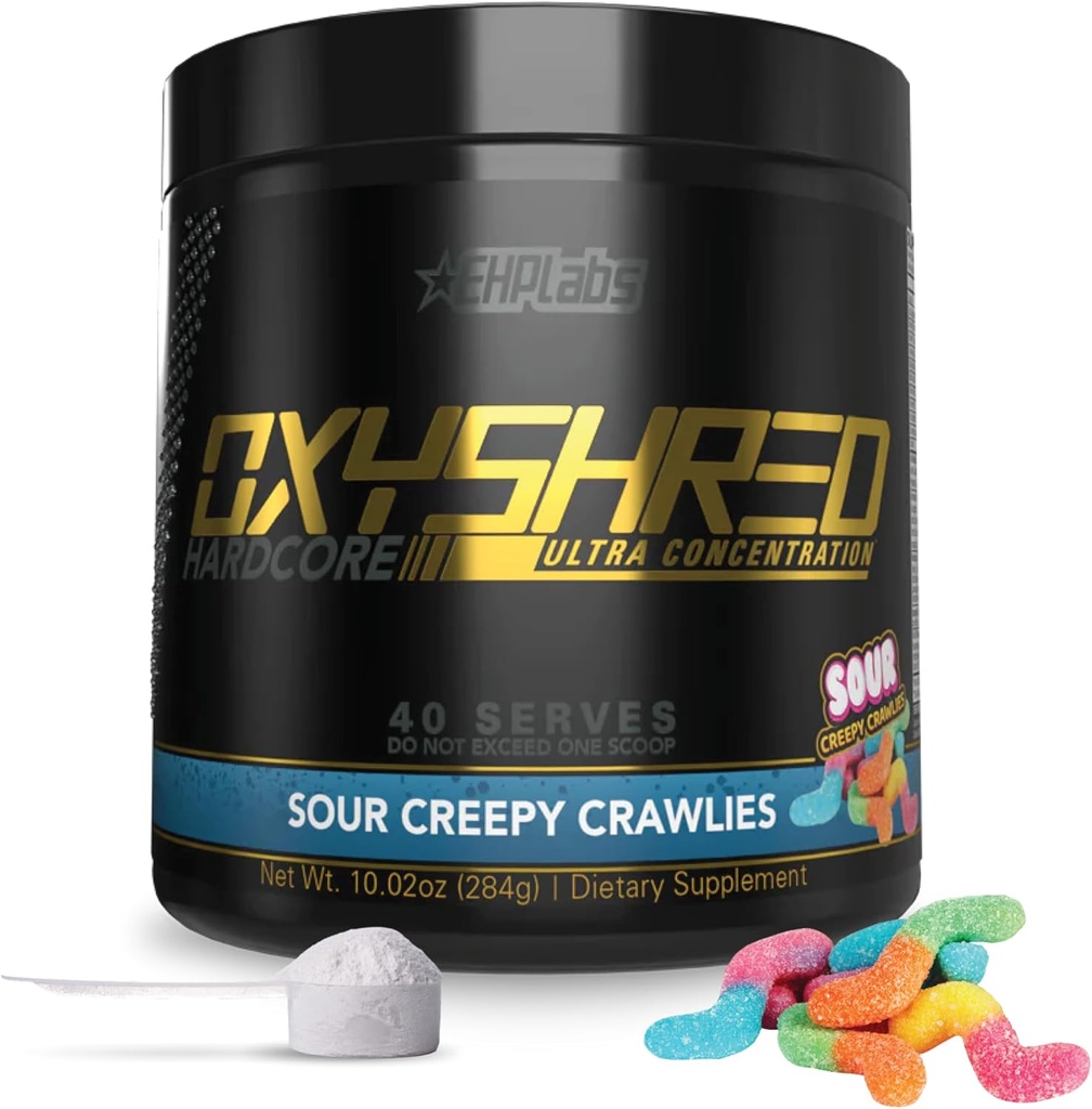 EHP Labs OxyShred Hardcore Super Dosed Pre Workout Powder - Preworkout Powder with L Glutamine & Acetyl L Carnitine, Energy Boost Drink - 275mg of Caffeine - Sour Crawlies, 40 Servings