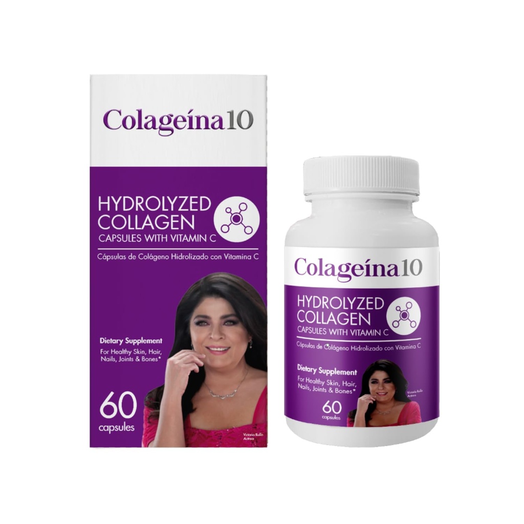 Colageina 10 Hydrolyserede collagen kapsler med C-vitamin - Anti- Aging Kosttilskud til sund hud, hår, negle, nitter og knogler - 60 Greve