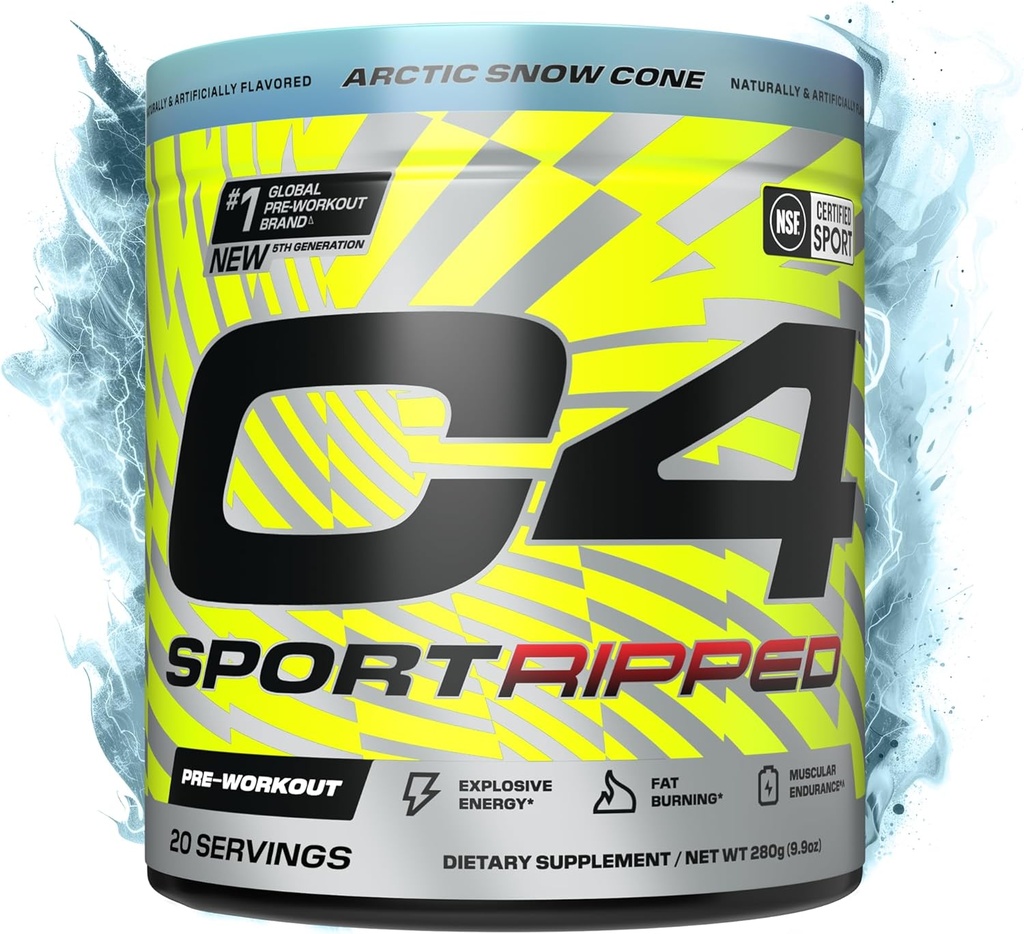 Cellucor C4 Ripped Sport Pre Workout Powder - NSF Certified for Sport - 200mg Kaffein + Cayenne Extract + Carnitin Tartrate + Beta- Alanine - Artic Snow Cone, 20 Servere