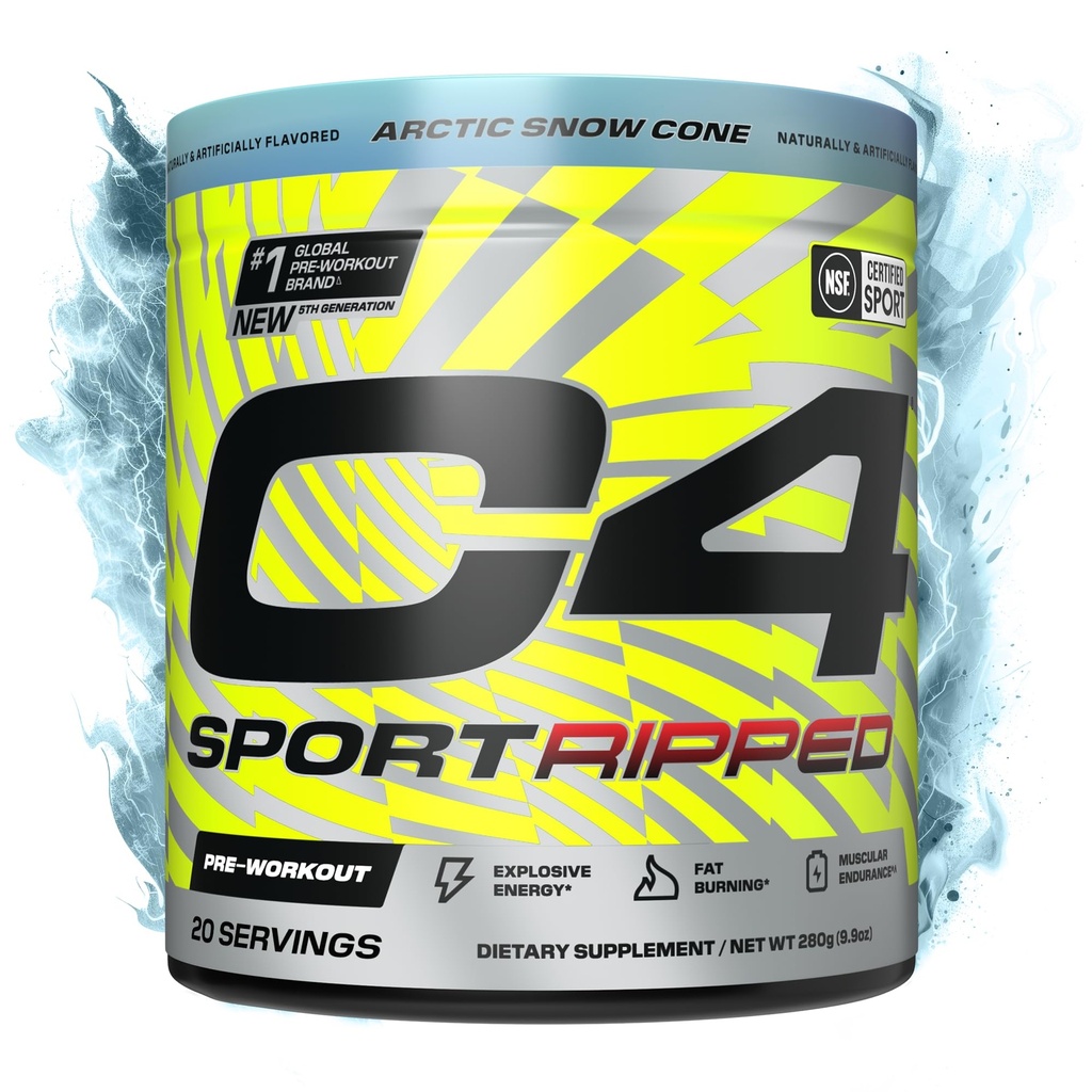 Cellucor C4 Ripped Sport Pre Workout Powder - NSF Certified for Sport - 200mg Kaffein + Cayenne Extract + Carnitin Tartrate + Beta- Alanine - Artic Snow Cone, 20 Servere
