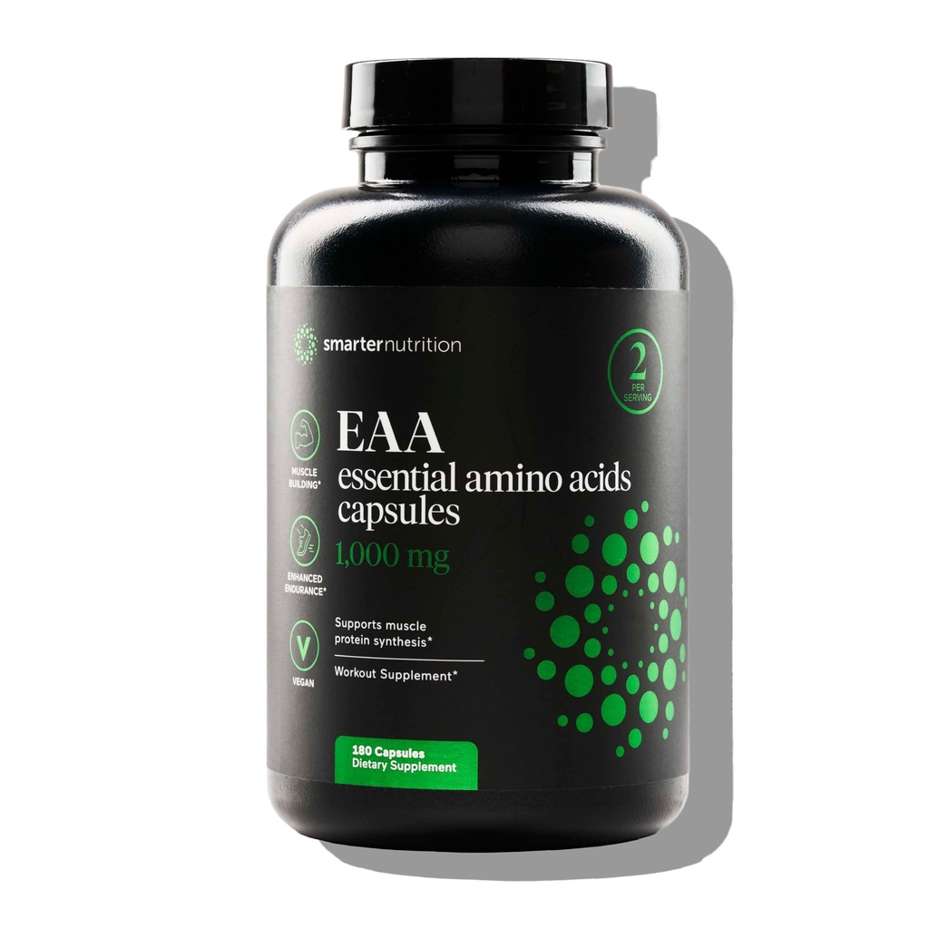 SMARTERNUTRITION Væsentlige aminosyrer (EAA) Kapsler - 1 Gram per Servering af alle 9 EAA - Understøtter muskelmasse & motion - non-GMO, Vegan, Gluten Free - 180 Greve [90- Day Supply]