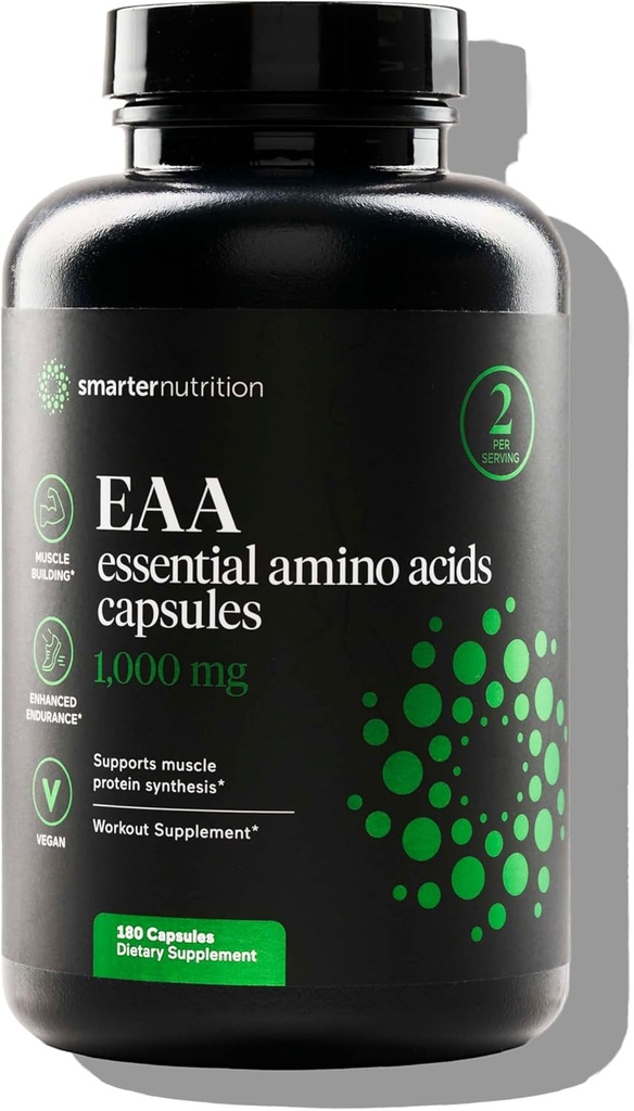 SMARTERNUTRITION Væsentlige aminosyrer (EAA) Kapsler - 1 Gram per Servering af alle 9 EAA - Understøtter muskelmasse & motion - non-GMO, Vegan, Gluten Free - 180 Greve [90- Day Supply]