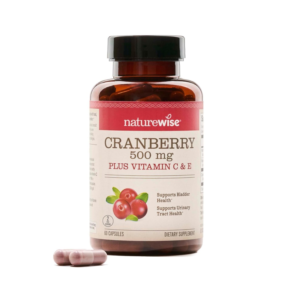 NatureWise Cranberry Pills for Women - Extract Equal to 12,500mg * Cranberry Supplement + C-vitamin & E - Cleansing Urinary Tract & Bstigen - Vegan, non-GMO, sukkerfri - 60 kapsler [1-måned Tilgang]