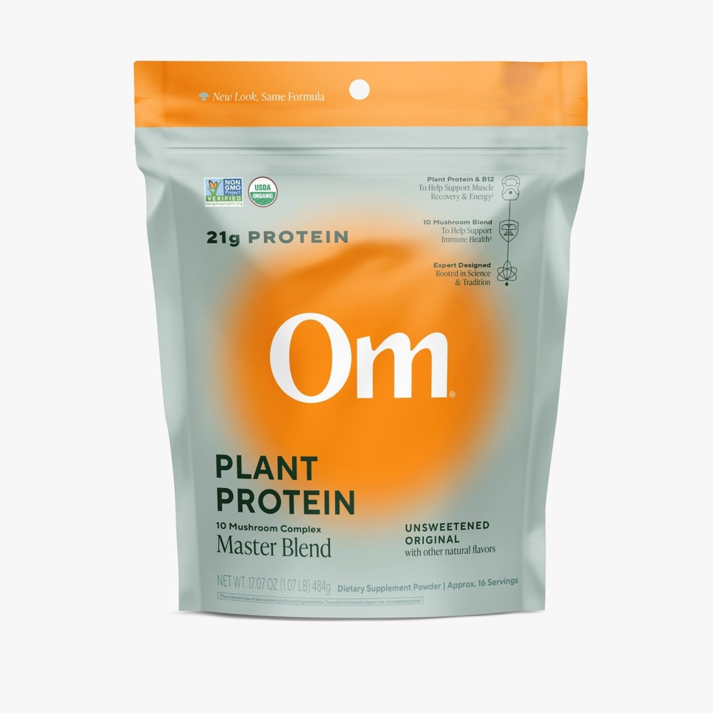 OM MUSHROOM SUPERFOOD Master Blend Plant- baseret protein pulver (Resealable Bag (16 Servere), Unflavored Protein)