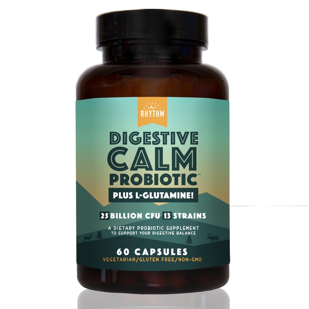 Natural Rhythm Digestive Calm Probiotic + L-Glutamine – 25 Billion CFU, 13 Strains, Digestive & Immune Support Supplement, Vegetarian Capsules (60 Count)