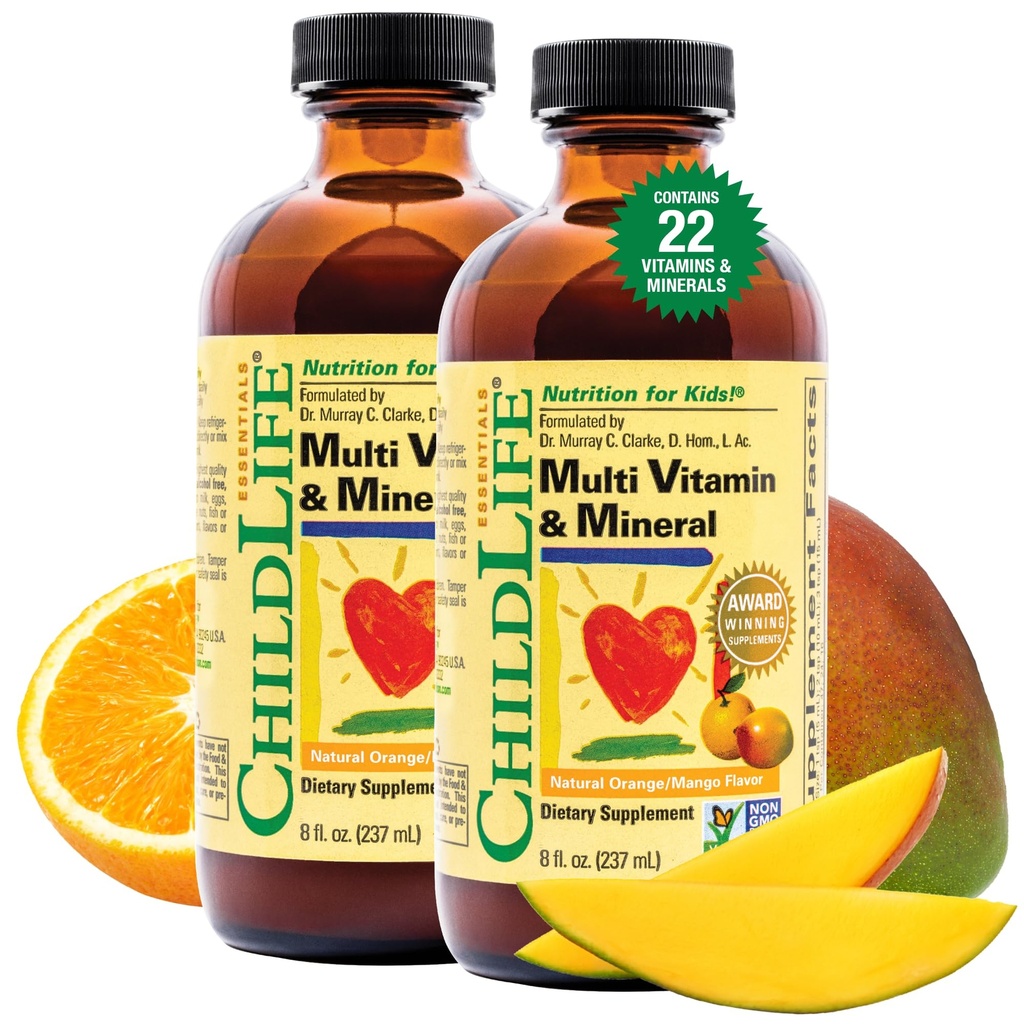 Børn Essentials Kids Multivitamin & Mineral - Vitaminer til børn, Flydende Multivitamin til Toddler & Baby - Natural Orange & Mango, 8 Fl Oz (pakke med 2)