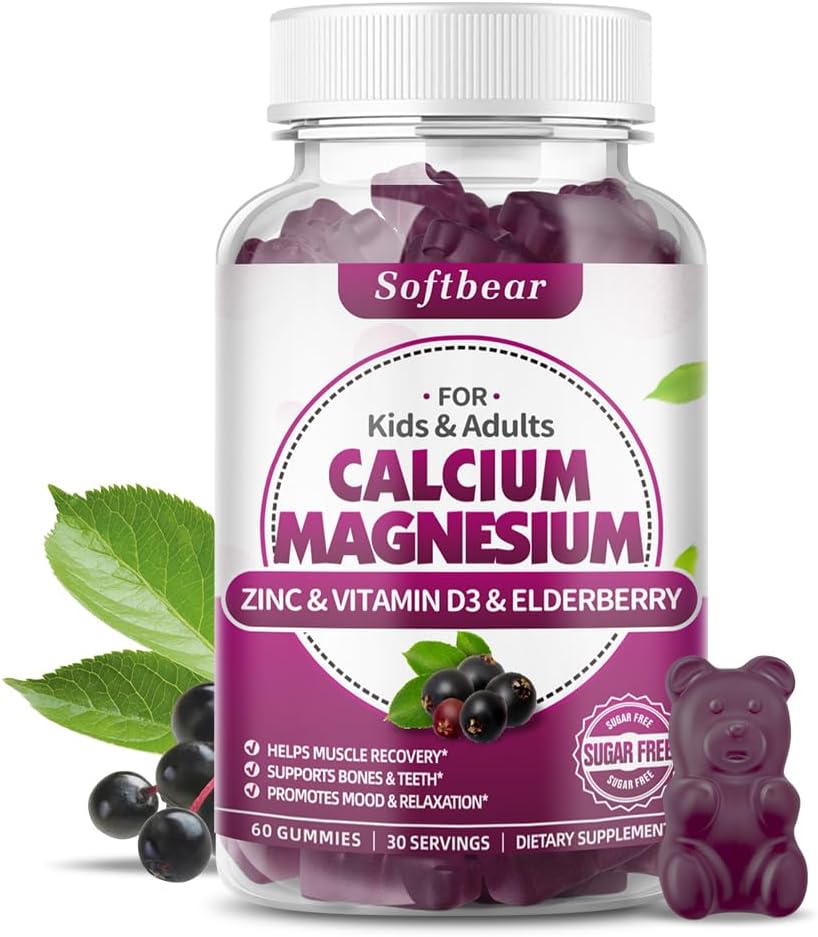 softbear Calcium Magnesium Zinkgummier til kvinder, Høj Absorption Calcium Magnesium supplement til knoglestyrke, sukkerfri, Vegan, Elderberry Flavor 60 gummies