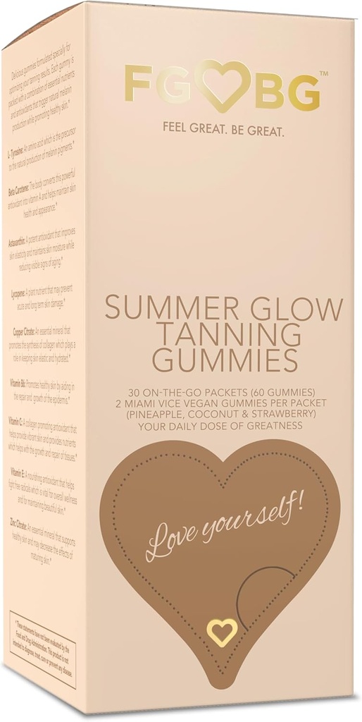 Sommer Glow Tanning Gummies - Miami Vice Flavor - Ananas, kokos, & Jordbær - Vegan - Gluten- Gratis - Dairy- Gratis - Naturlige ingredienser - Væsentlige næringsstoffer - Rejsestørrelse - 30 -Day Supply