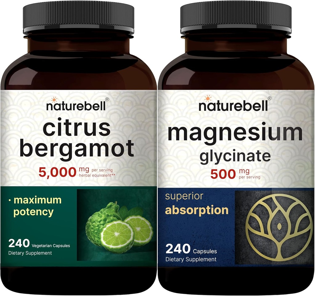 NatureBell Magnesium Glycinat Capsules 500mg & Citrus Bergamot Veggie Capsules 5000 mg Ækvivalent Bundle Pack- 124; Chelated & Renset Mineral Mex124; High Antioxidant Level