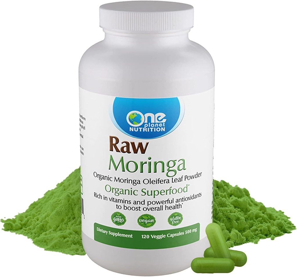One Planet Nutrition Moringa 500 mg Veggie Capsules (120 Servering), Raw Organic Moringa Leaf, pakket med vitaminer, mineraler, og Plant Proteins for Nutritional Support, Non- GMO, Vegan, Gluten- Free