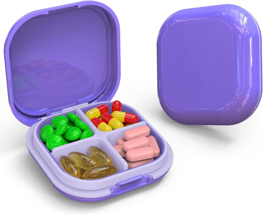 Daily Pill Organizer 4 afdelinger, Lille Pill Box Portable Travel Pill Case, Mini Pill Container til purse Pocket, Compact Travel Medicine Organizer til Vitamin, Torve Lever Oil, tillæg (lilla)