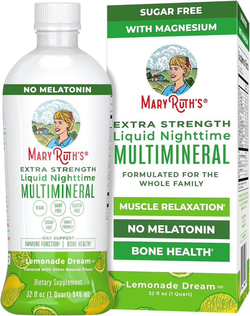 MaryRuth Organics Extra Strength Nighttime Liquid Multimineral | Sugar Free | Calm Magnesium Citrate | NO Melatonin | Calcium Magnesium Zinc | Muscle Relaxation | Lemonade Flavor | Vegan | 32 Serving