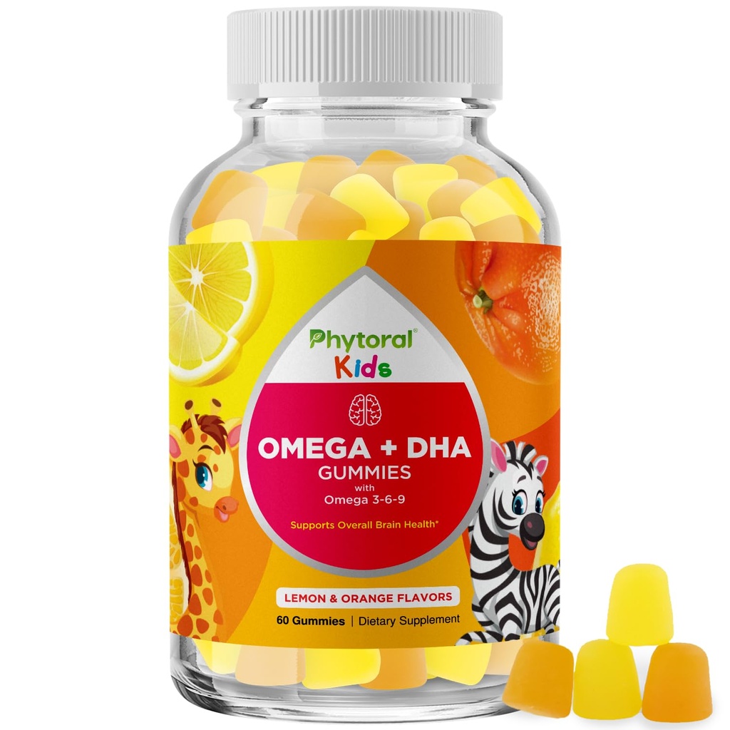 Kids Omega og DHA Gummies - Fedtsyrer Omega 3 6 9 med C-vitamin til Vision - Nutritional DHA for Kids for Sund Nervesystemet & Focus Support - Fish Free - 60 Greve
