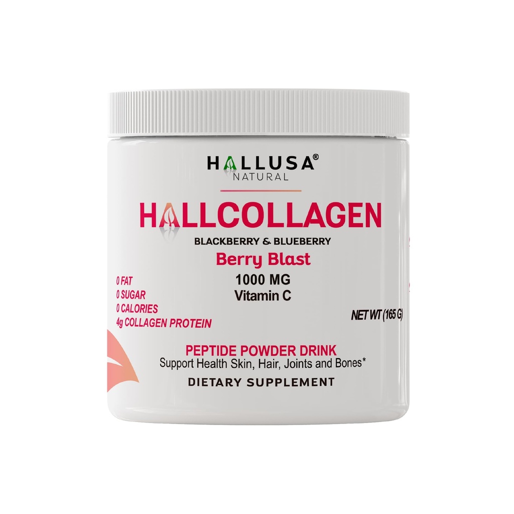 Hallusa Natural Hydrolyzed Collagen Peptider Pulver 1000mg med C-vitamin 124; BlackBerry & Blueberry Flavor 124; 4g Collagen per Serving • 124; Sund hår, hud, negle, ben & fælles støtte