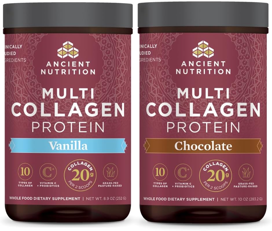 Ancient Nutrition Multi Collagen Protein Powder, Vanilla, 24 Servings + Multi Collagen Protein Powder, Chocolate, 24 Servings