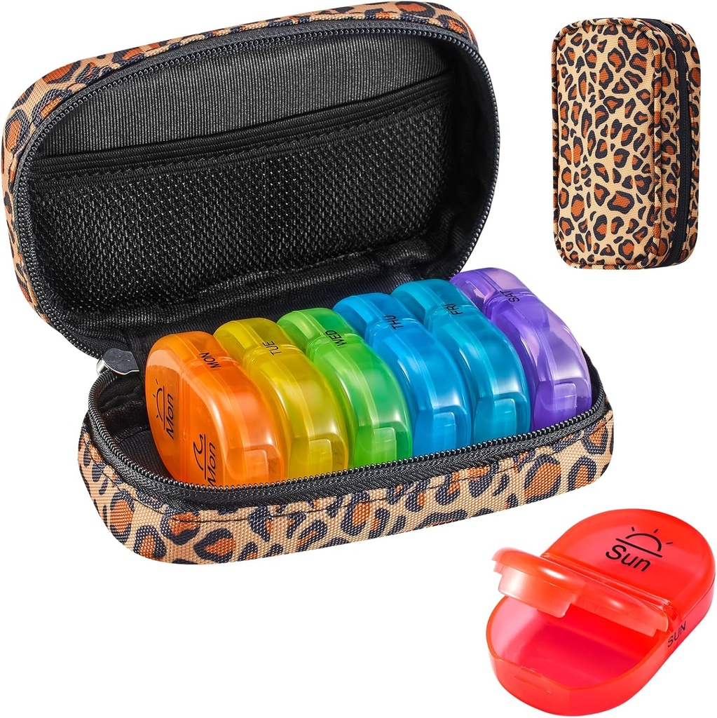 Serfeymi Weekly Travel Pill Organizer 2 gange en dag PM opgraderet Rainbow Pill Box 7 dag med Portable Zipper Canvas Pill Case, Medicin Organizer til piller, Vitaminer, Fiskeolier - Brown 01