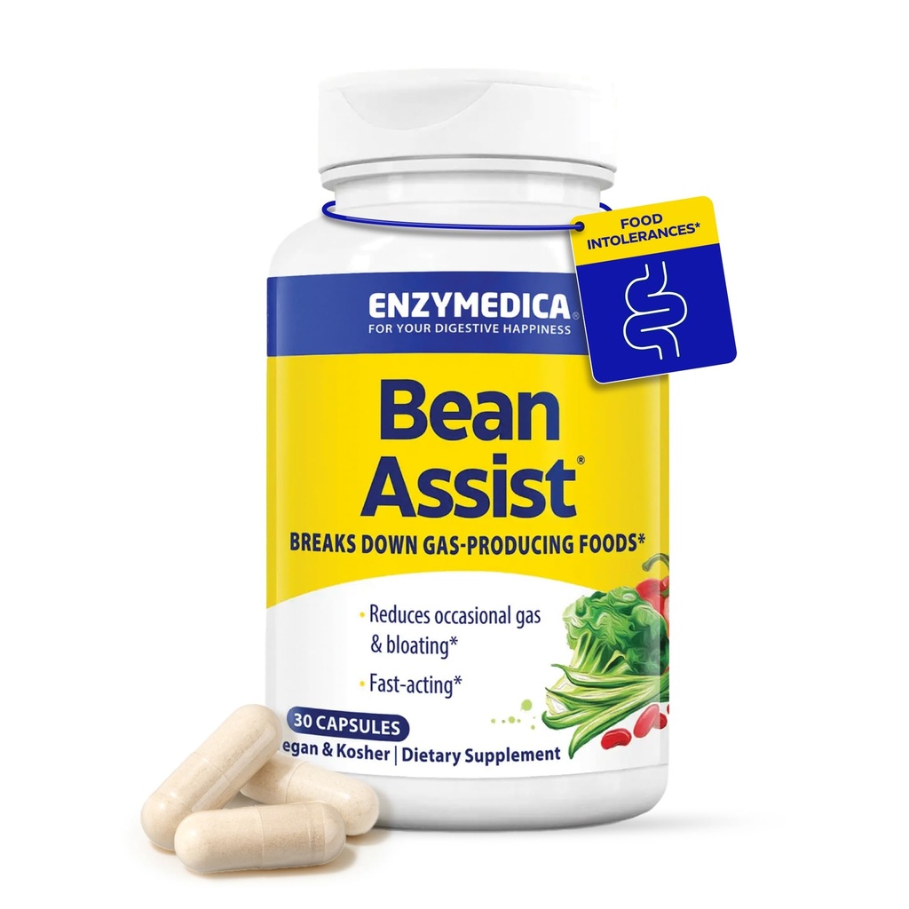 Enzymedica, BeanAssist, Alpha Galactosidase Enzyme til fordøjelsesstøtte, Reducerer lejlighedsvis gas & bloating fra bønner, Broccoli & bælgfrugter, fordøjelsesenzymer for kvinder & mænd, 30 Greve
