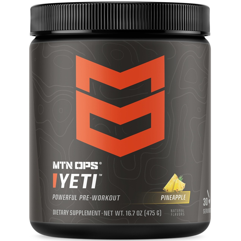 MTN OPS Yeti Pre-Workout Powder Energy Drink with Creatine, 200mg Caffeine & BCAAs with Beta Alanine, 30-Serving Tub, Pineapple