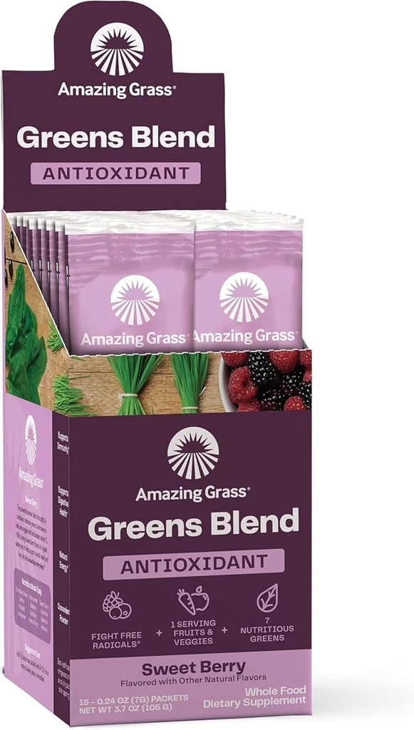 Amazing Grass Green Blend Antioxidant: Super Green Powder med Spirulina, Beet Root Powder, Elderberry, Prebiotics & Probiotics, Sweet Berry, 15 Servere (Packaging May Vary)