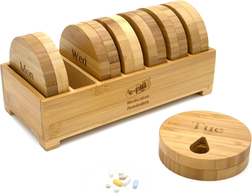 e- Pill Bambus Weekly Pill Organizer, 7 dages Pill Box til tabletter, vitaminer eller kosttilskud
