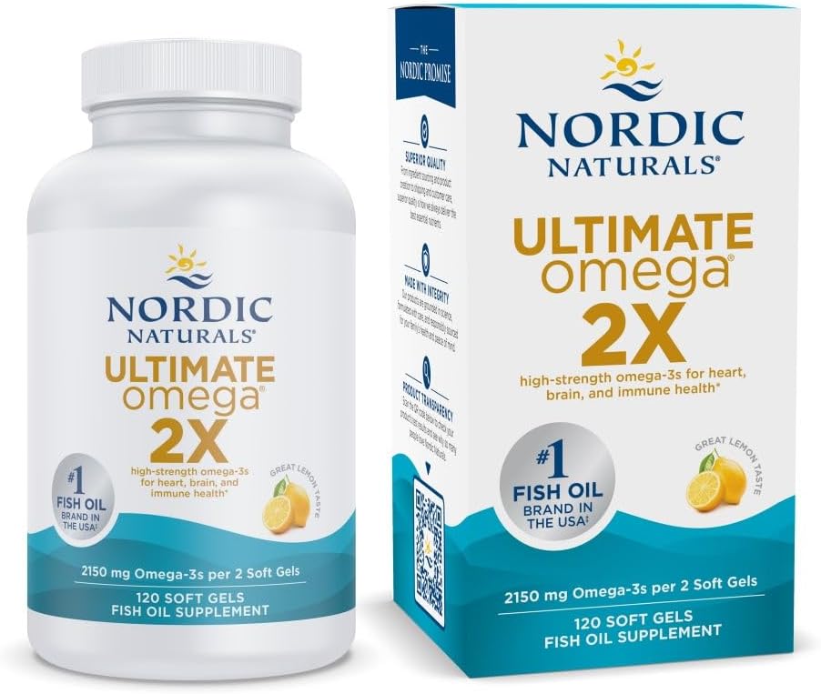 Nordic Naturals Ultimate Omega 2X, Lemon Flavor - 120 Soft Gels - 2150 mg Omega-3 - Højpotens Fish Oil med EPA & DHA - fremmer hjerne & hjerte sundhed - non-GMO - 60 Serveringer
