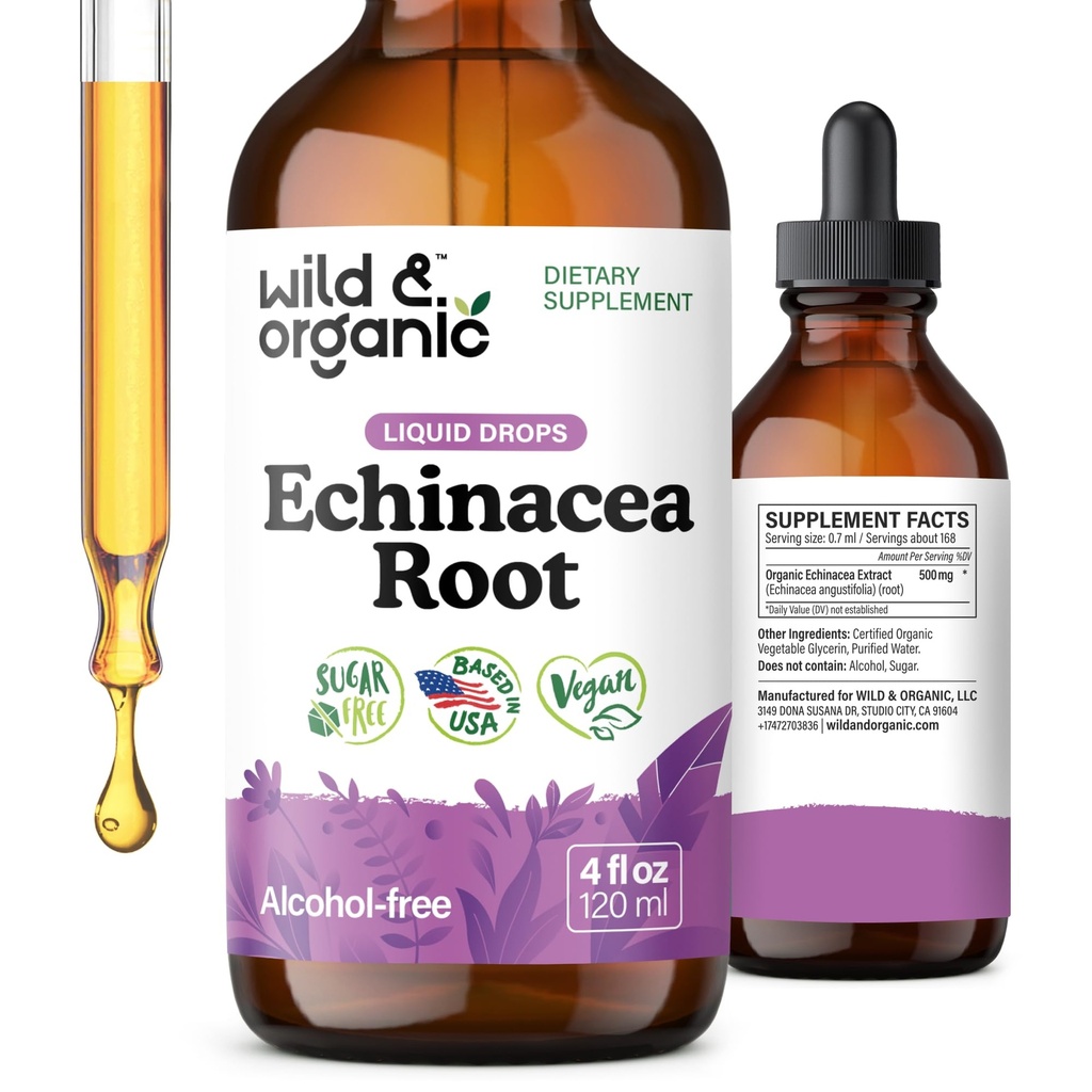 Wild & Organic Echinacea Drops - immunsupporttillæg med Echinacea Angustifolia - Flydende rodekstrakt tinktur - Vegan, Sukker & Alkohol- Free - 4 fl oz