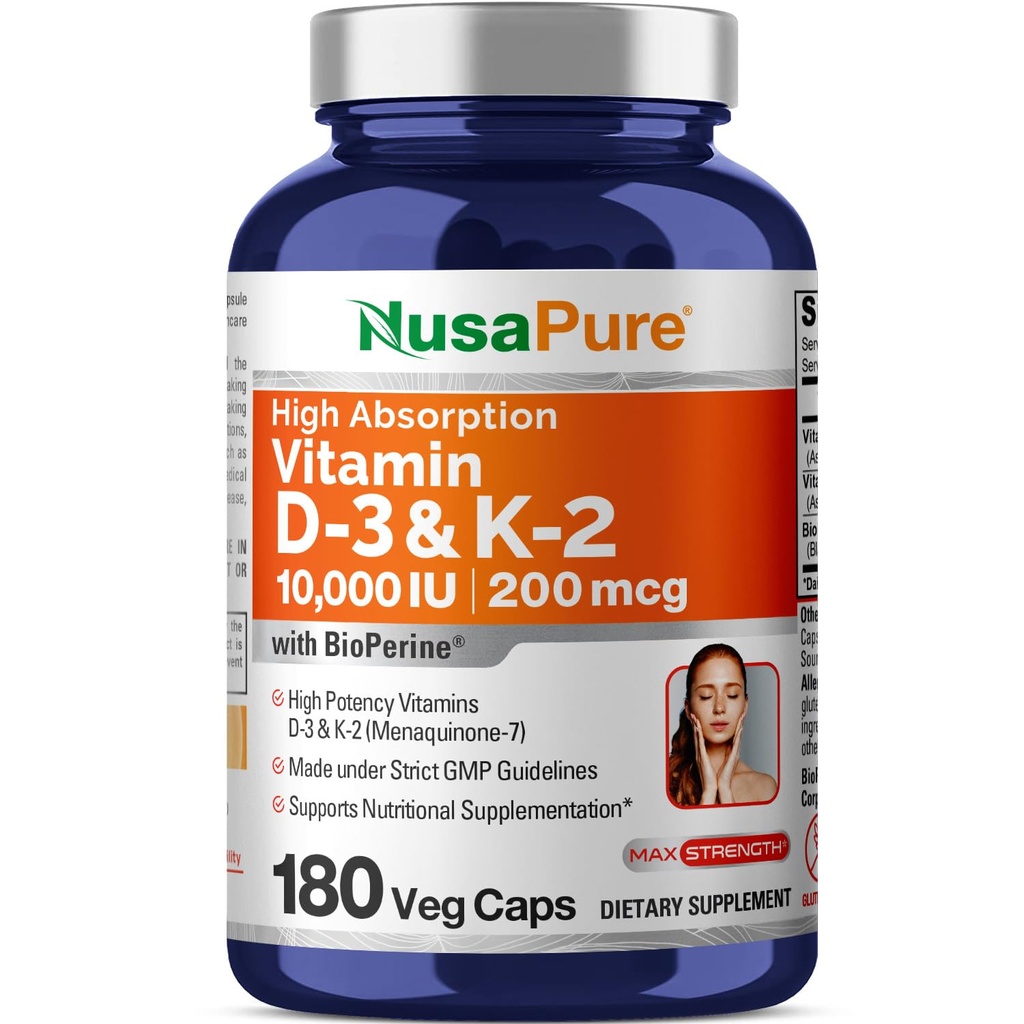 NusaPure Vitamin K2 (MK7) (200mcg) + Vitamin D3 (10000 IE) 180 Veg Caps - Bioperine, Soyfree, Non- GMO