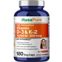 NusaPure Vitamin K2 (MK7) (200mcg) + Vitamin D3 (10000 IE) 180 Veg Caps - Bioperine, Soyfree, Non- GMO