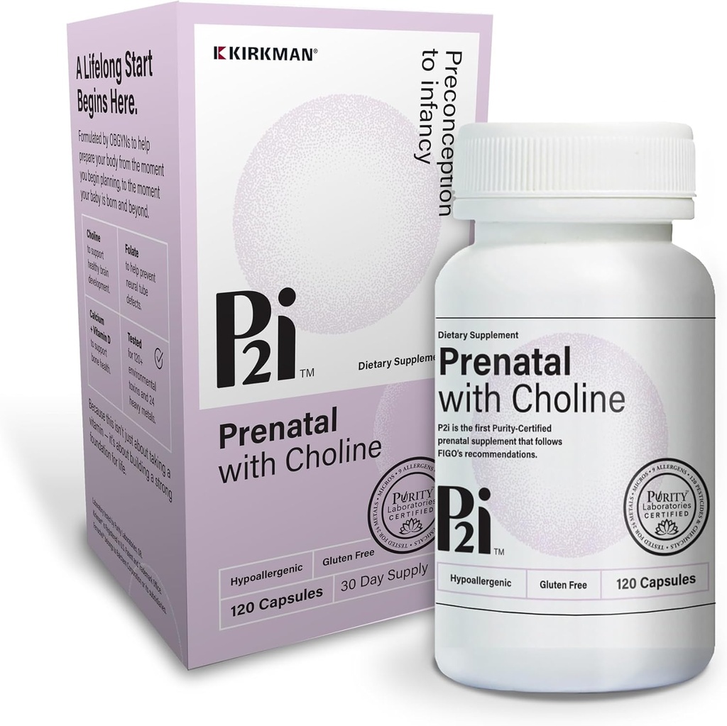 Kirkman P2i Prenatal Vitaminer for kvinder, Multivitamin med cholin, 120 kapsler, Vital Daglig Nutritional Support for Sund Moder & Baby, OBGYN Formuleret & Udtalelse, Hypoallergen & Gluten- Free