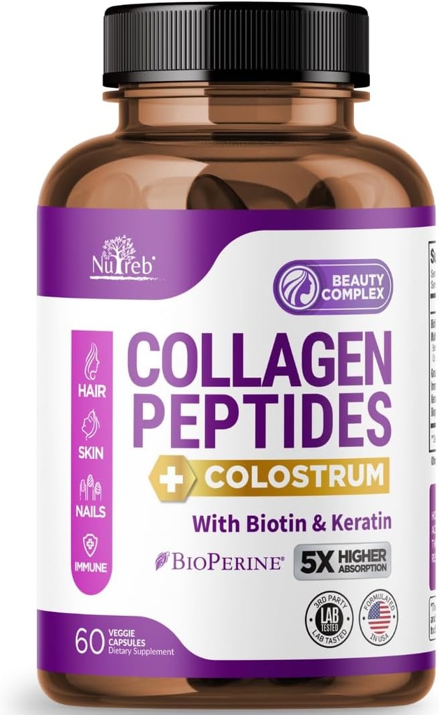 Collagen Peptider til kvinder med Colostrum, Biotin og Keratin - Type I, II, III, V, X - 5X Højere Absorption - Hår hud og negle Vitaminer - Collagen til kvinder - Collagen piller - 60 kapsler