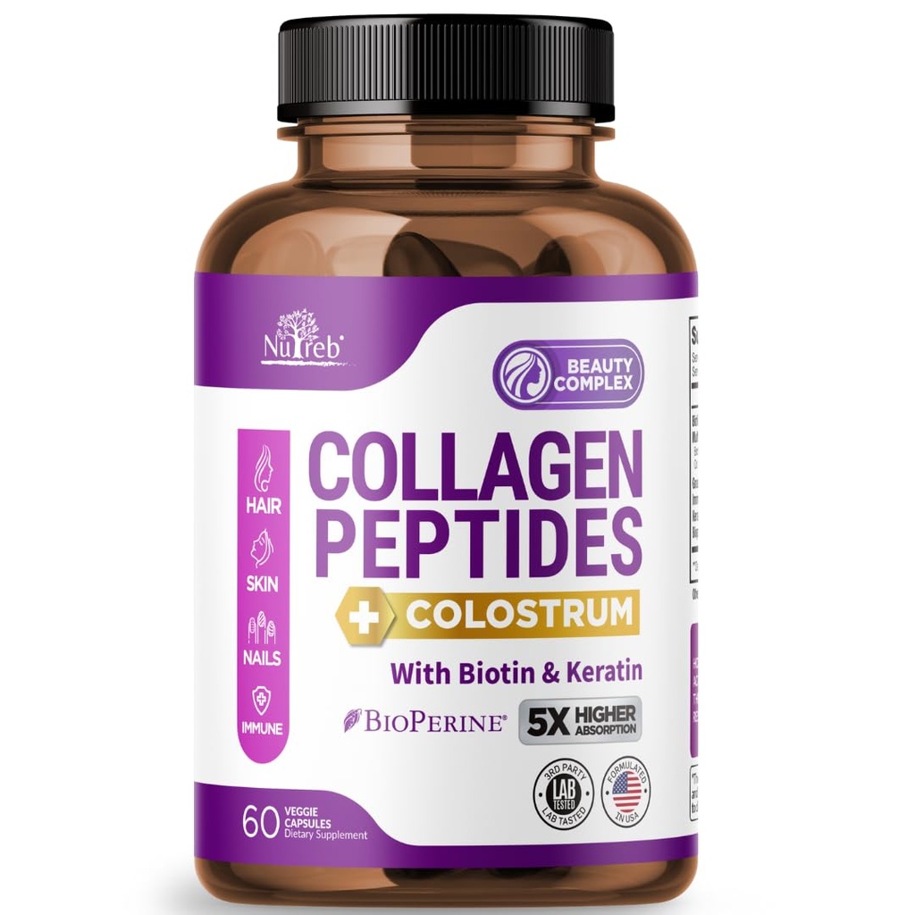 Collagen Peptider til kvinder med Colostrum, Biotin og Keratin - Type I, II, III, V, X - 5X Højere Absorption - Hår hud og negle Vitaminer - Collagen til kvinder - Collagen piller - 60 kapsler