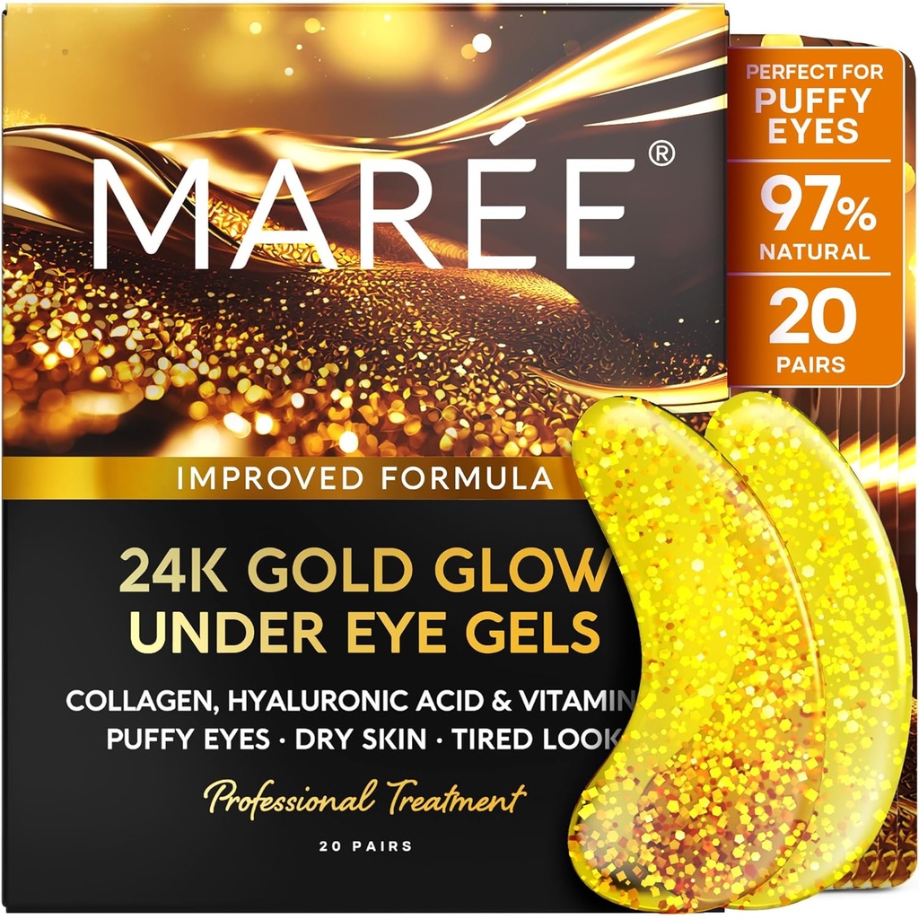 MAREE 24k guld under øjet Gels for mørke cirkler og Puffiness - Collagen & Hyaluronic syre Skincare Gel Pads - Guld øjenpatches for Puffy øjne og mørke cirkler - Under øje masker - Rejser Essentials