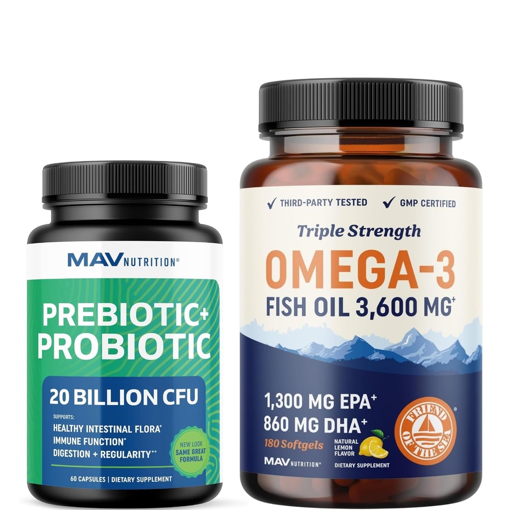 Omega 3 Fish Oil and Probiotic Capsules Measures 124; Triple Strength EPA & DHA Omega 3 Burpless Softels Plus Probiotic & Prebiotic Capsules for Gut Health & immun Support Measures 124; 60 Servering hver