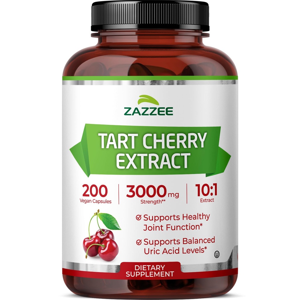 Zazzee Tart Cherry 10: 1 Extract, 3000 mg Strength, 200 Vegankapsler, 6 + Måned Supply, Certified Kosher, Koncentreret og Standardized 10X Extract, 100% Vegetar, All- Natural, Gluten Free, Non- GMO