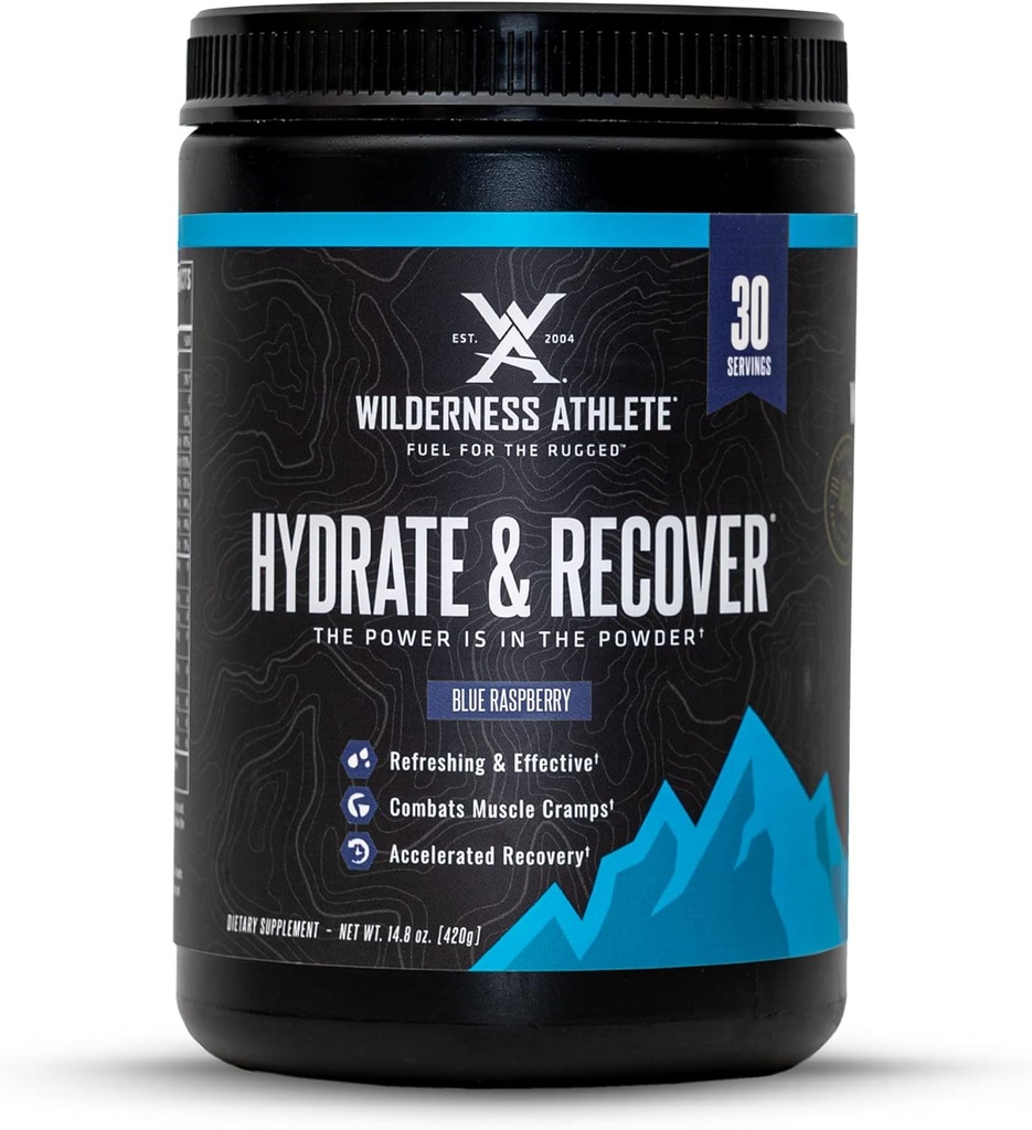 Wilderness Atlete - Hydrate & Recover; Flydende Hydration Powder Electrolyte Drink Mix - Recover Hurtigere med Bcaas - Hydrate Powder med 1000mg af C-vitamin - 30 Servering Tub (Blå Hindbær)